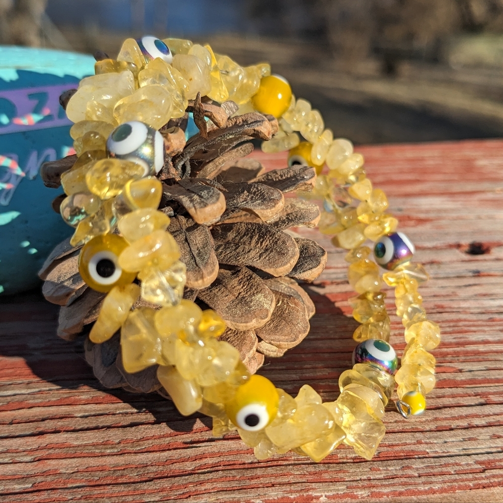 Citrine Evil Eye Charm Bracelet Handmade Happiness Sunshine